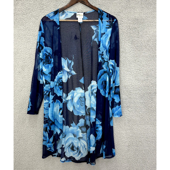 Collections Etc Cover Up Womens Large‎ Blue Floral Sheer Open Front Beach Boho - Picture 1 of 7